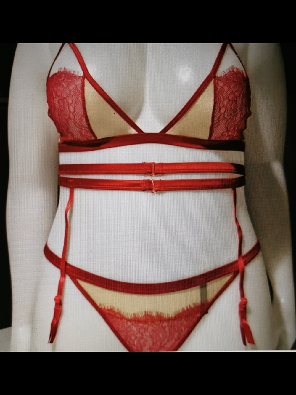 Blush Red Lace Strappy Bralette, Garter Belt & Thong Set